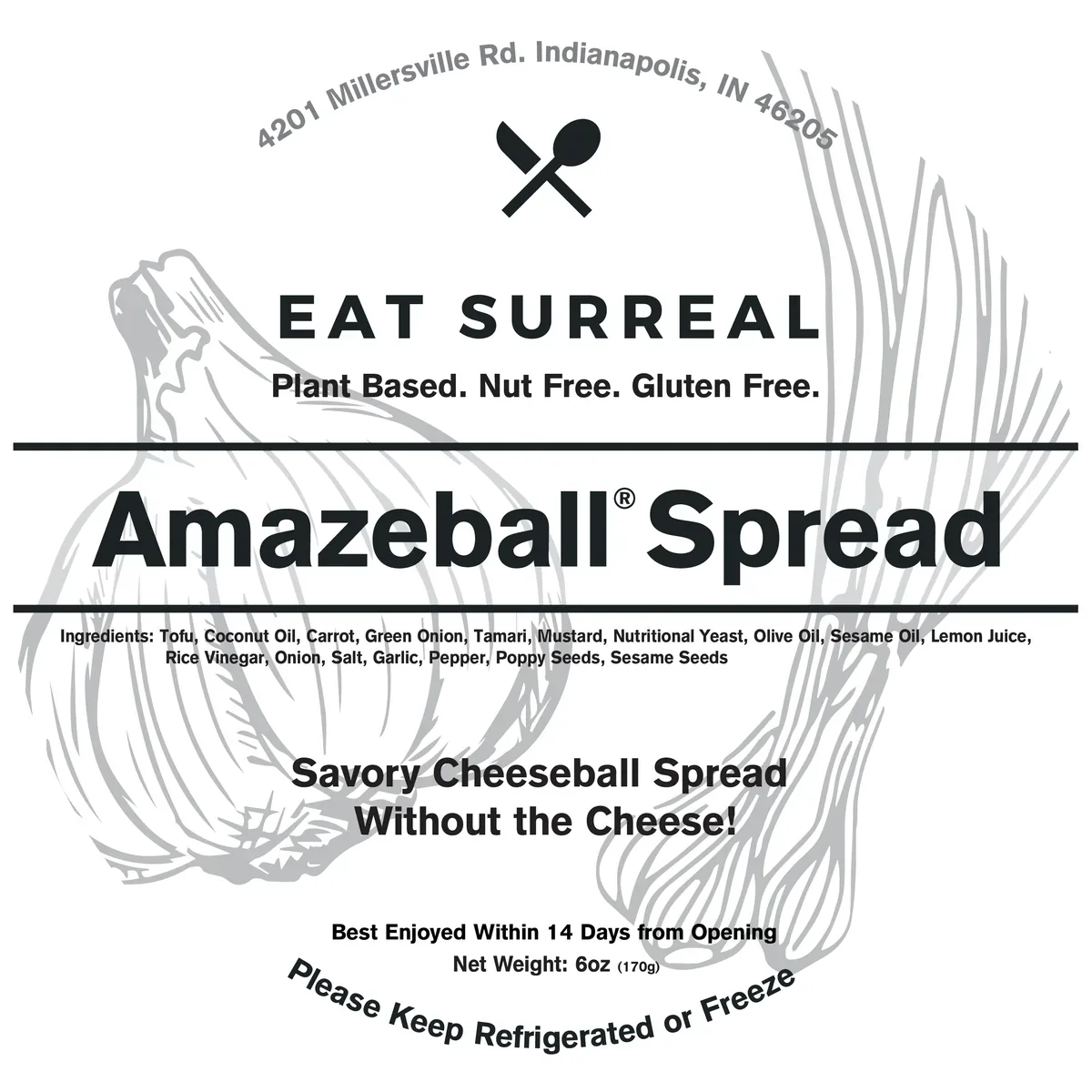 Amazeball Spread label: savory cheeseball spread without the cheese, 6oz